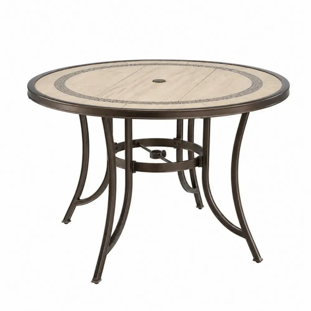 Runder Gartentisch Esstisch mit Keramik-Mosaikplatte pulverbeschichtetem Stahl Beige Dunkelbraun Ø 120 x 74 cm