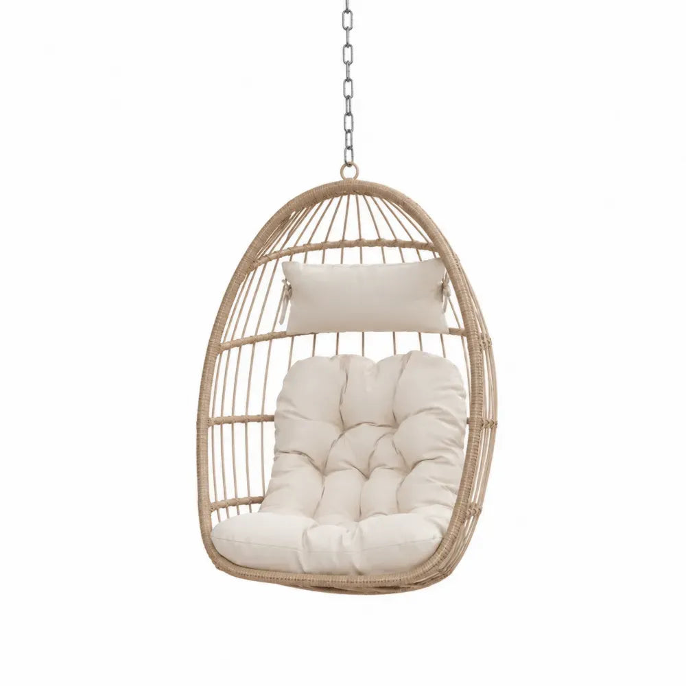 Hängesessel ohne Gestell Gartenhängesessel eiförmig mit naturbeigem PE-Rattan Stahlkette cremefarbenen Polyesterkissen 85 x 70 x 125 cm