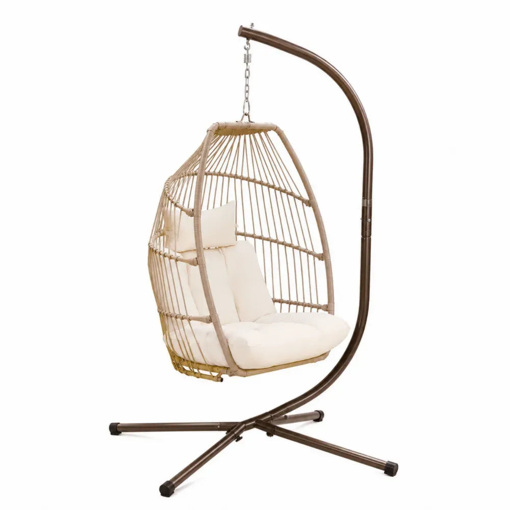 Hängesessel mit Gestell eiförmig PE Rattan Stahlgestell Polyesterkissen Naturbeige Creme Braun 105 x 105 x 195 cm
