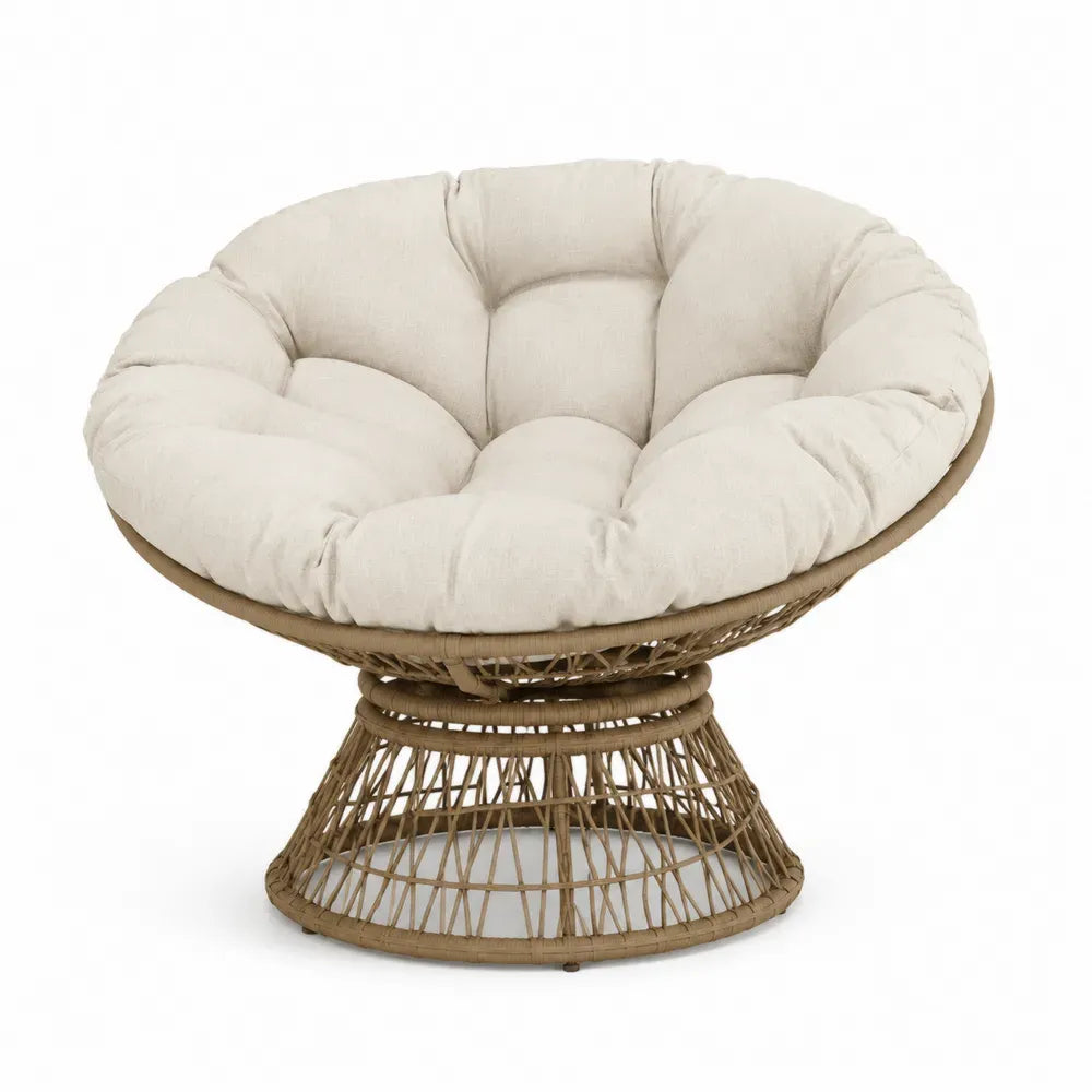 Papasan Loungesessel Gartensessel rund mit naturbraunem PE-Rattan Stahlrahmen cremefarbenem Polyesterkissen 115 x 100 x 85 cm