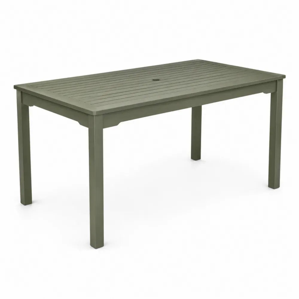 Rechteckiger Gartentisch Esstisch aus olivgrünem Akazien-Massivholz mit Lattenplatte und Schirmloch 160 x 90 x 75 cm