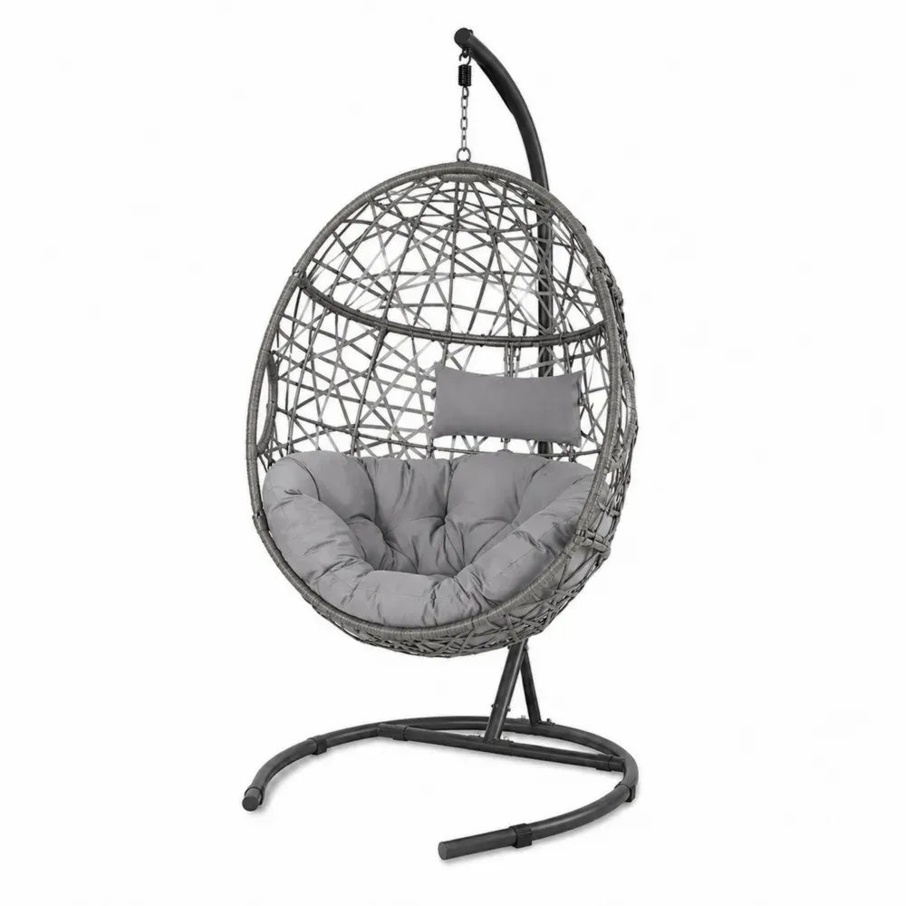 Hängesessel mit Gestell Gartenhängesessel aus PE-Rattan und Stahl mit Polyesterkissen eiförmig Grau Schwarz 105 x 95 x 195 cm