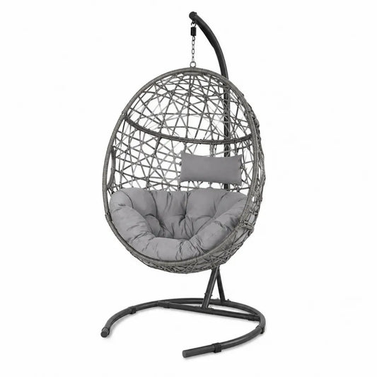 Hängesessel mit Gestell Gartenhängesessel aus PE-Rattan und Stahl mit Polyesterkissen eiförmig Grau Schwarz 105 x 95 x 195 cm