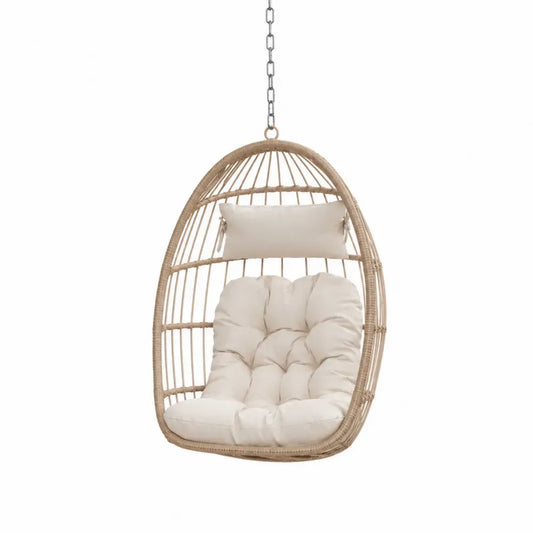 Hängesessel ohne Gestell Gartenhängesessel eiförmig mit naturbeigem PE-Rattan Stahlkette cremefarbenen Polyesterkissen 85 x 70 x 125 cm