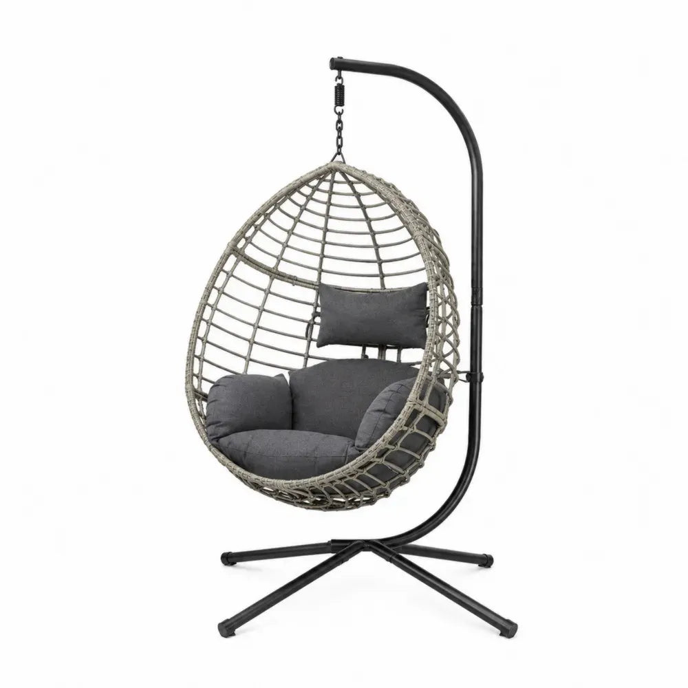 Hängesessel mit Gestell Gartenhängesessel aus PE-Rattan Stahlgestell Polyesterkissen eiförmig Grau Dunkelgrau Schwarz 105 x 105 x 195 cm
