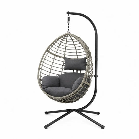 Hängesessel mit Gestell Gartenhängesessel aus PE-Rattan Stahlgestell Polyesterkissen eiförmig Grau Dunkelgrau Schwarz 105 x 105 x 195 cm