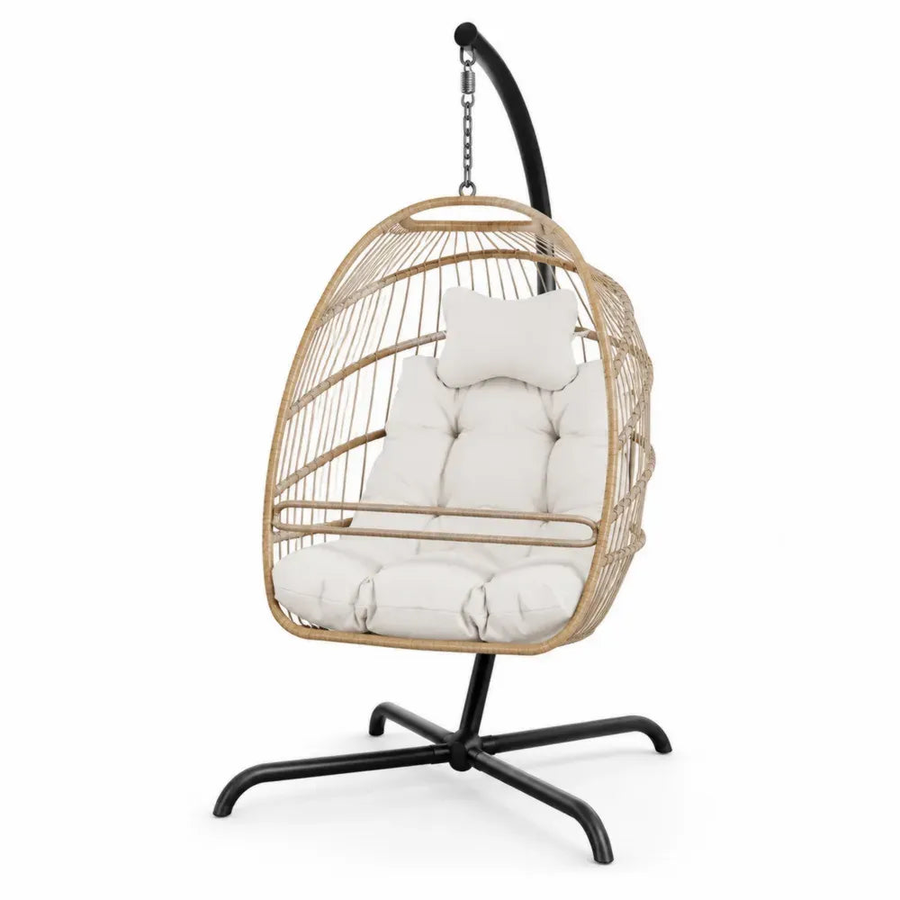 Hängesessel mit Gestell Gartenhängesessel eiförmig naturbeigem PE-Rattan schwarzem Stahlgestell cremefarbenen Polyesterkissen 105 x 100 x 195 cm