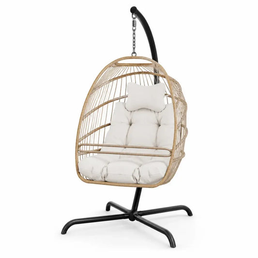 Hängesessel mit Gestell Gartenhängesessel eiförmig naturbeigem PE-Rattan schwarzem Stahlgestell cremefarbenen Polyesterkissen 105 x 100 x 195 cm