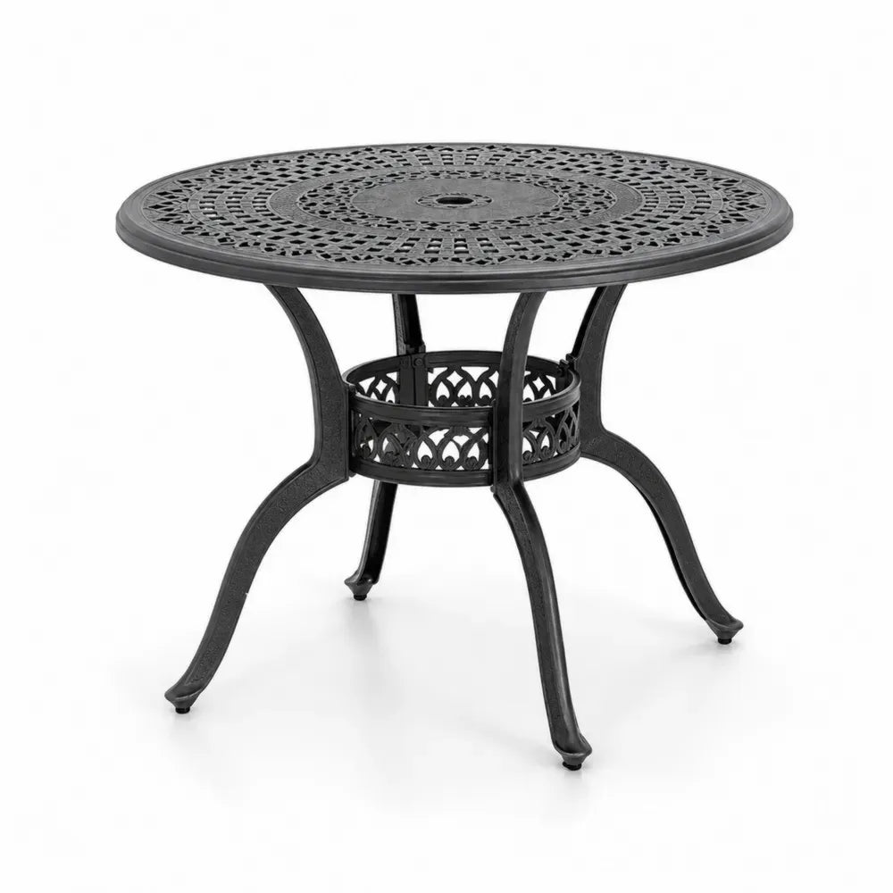 Runder Gartentisch Esstisch aus schwarzem pulverbeschichtetem Aluminiumguss mit Ornamentplatte und Schirmloch Ø 106 x 72 cm