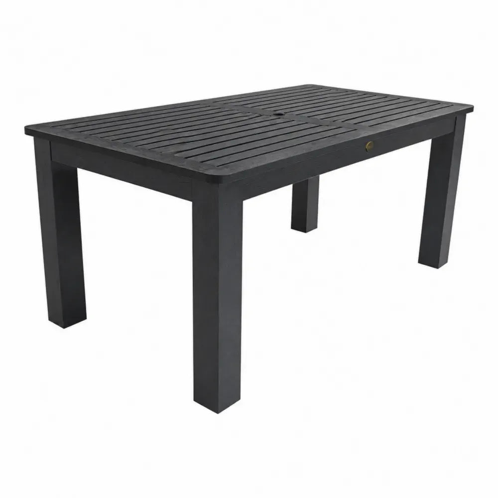 Rechteckiger Gartentisch Esstisch aus schwarzem Akazien-Massivholz mit Lattenplatte und Schirmloch 150 x 90 x 75 cm