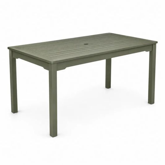 Rechteckiger Gartentisch Esstisch aus olivgrünem Akazien-Massivholz mit Lattenplatte und Schirmloch 160 x 90 x 75 cm