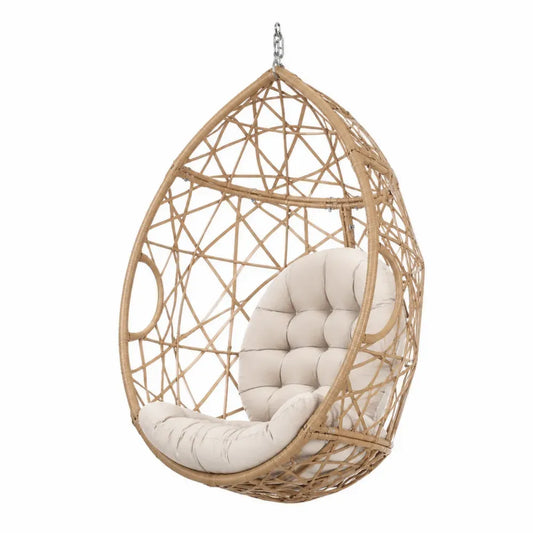 Hängesessel ohne Gestell Gartenhängesessel aus PE-Rattan mit Stahlkette und Polyesterkissen eiförmig Naturbeige Creme Silberfarben 88 x 72 x 125 cm