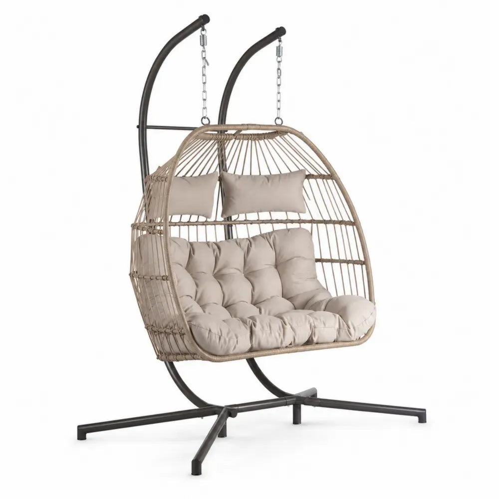 2-Sitzer Hängesessel mit Gestell Gartenhängesessel eiförmig naturbeigem PE-Rattan schwarzem Stahlgestell beigen Polyesterkissen 135 x 118 x 198 cm