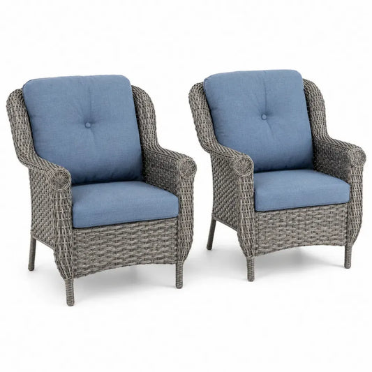 2er Set Loungesessel Gartensessel mit grauem PE-Rattan Stahlrahmen und blauen Polyesterkissen 74 x 78 x 92 cm je Stück