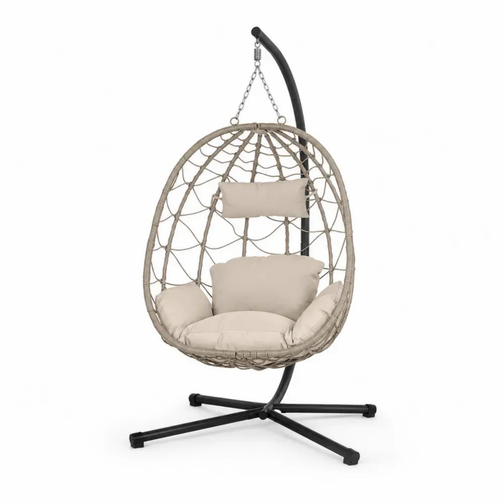 Hängesessel mit Gestell Gartenhängesessel aus PE-Rattan und Stahl mit Polyesterkissen eiförmig Taupe Creme Schwarz Silberfarben 105 x 105 x 195 cm