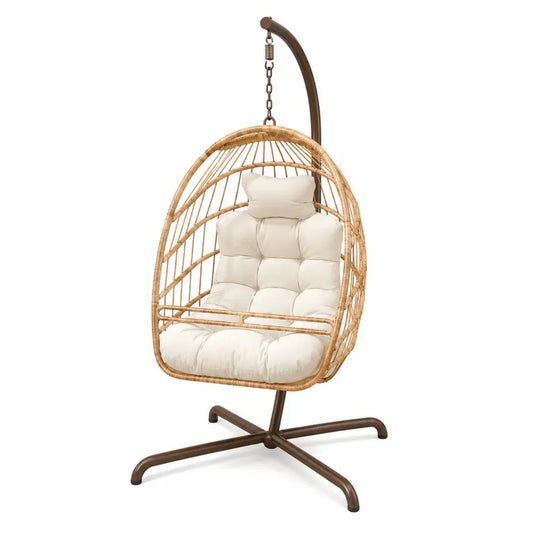 Hängesessel mit Gestell Gartenhängesessel eiförmig aus naturbeigem PE-Rattan braunem Stahlgestell cremefarbenen Polyesterkissen 105 x 105 x 195 cm