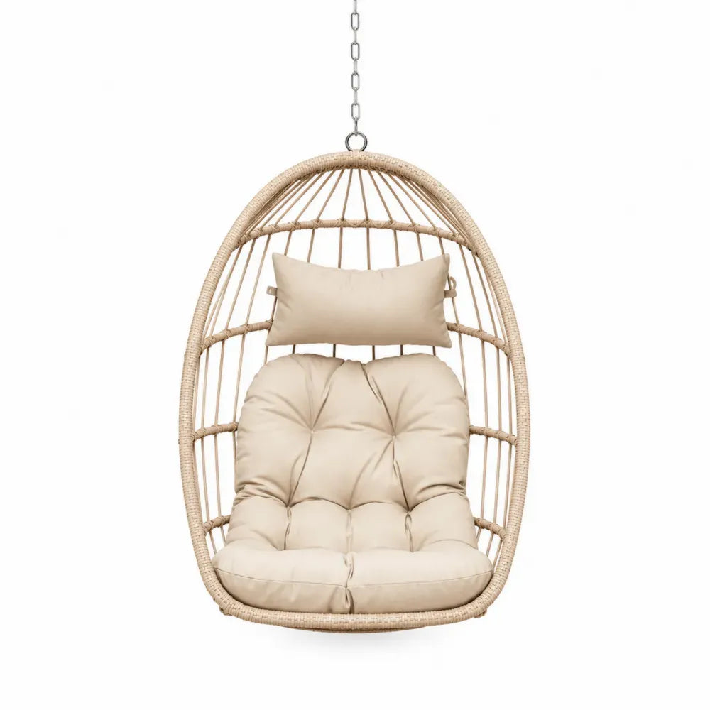 Hängesessel ohne Gestell Gartenhängesessel aus PE-Rattan mit Stahlkette und Polyesterkissen eiförmig Naturbeige Creme Silberfarben 85 x 70 x 125 cm