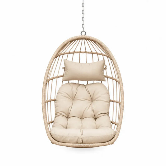 Hängesessel ohne Gestell Gartenhängesessel aus PE-Rattan mit Stahlkette und Polyesterkissen eiförmig Naturbeige Creme Silberfarben 85 x 70 x 125 cm